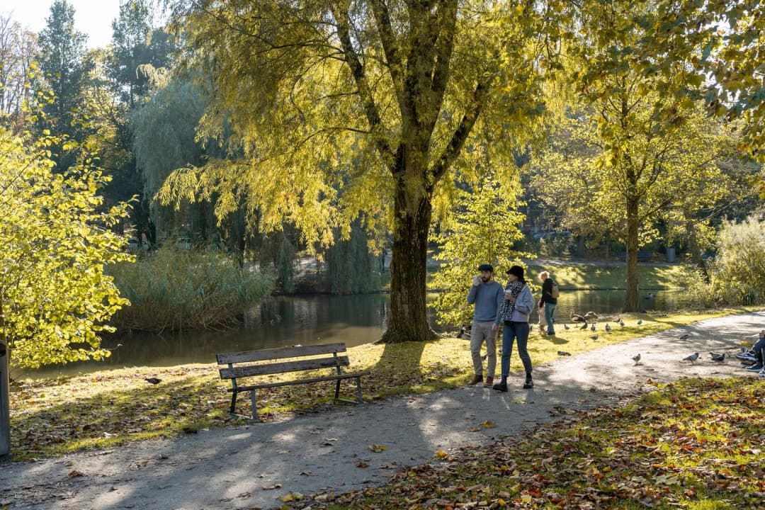 A couple is walking through the Sarphatipark on a sunny autumn day.
