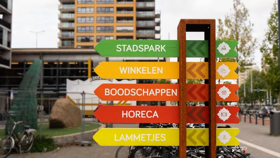 Westmarket shopping mall at Osdorpplein in Nieuw-West, food court and shops. Colorful sign