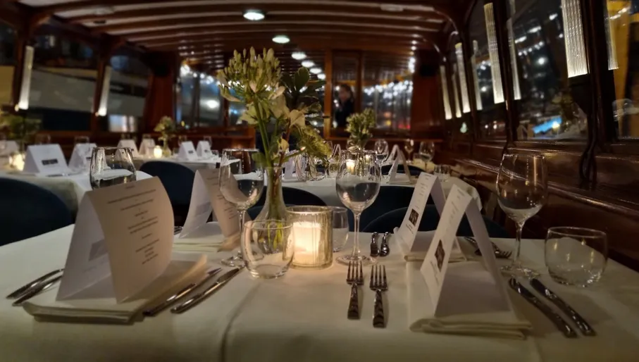 Interiors of canal boat during Blue Pepper Indonesian restaurant dinner cruise