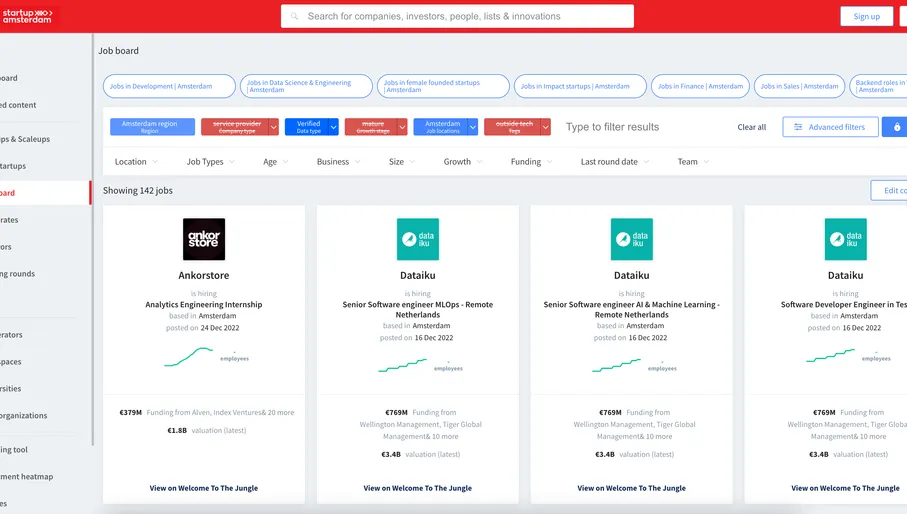 A screenshot of the Job Board on the Amsterdam Startup Map