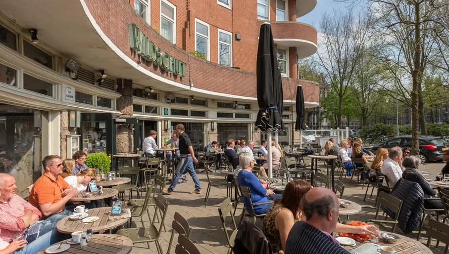 The great terrace of Café Wildschut @ Roelof Hartplein in Amsterdam-Zuid. This photo can be used for all types of content about Café Wildschut.