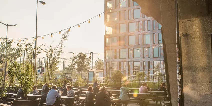 Pakhuis de Zwijger terrace at sunset